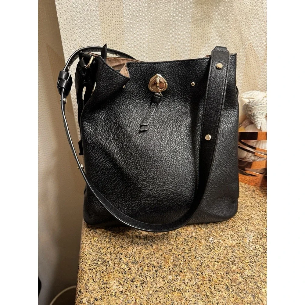 Kate Spade Black Marti Small Bucket Bag Pebbled Leather Shoulder‎ Crossbody Bag